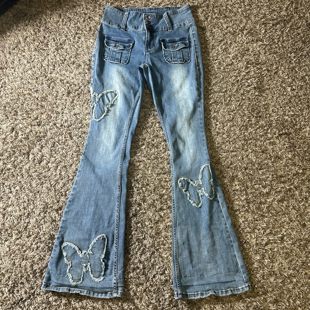 Hot Topic Blue Flare Jeans with Butterfly Design Size 9